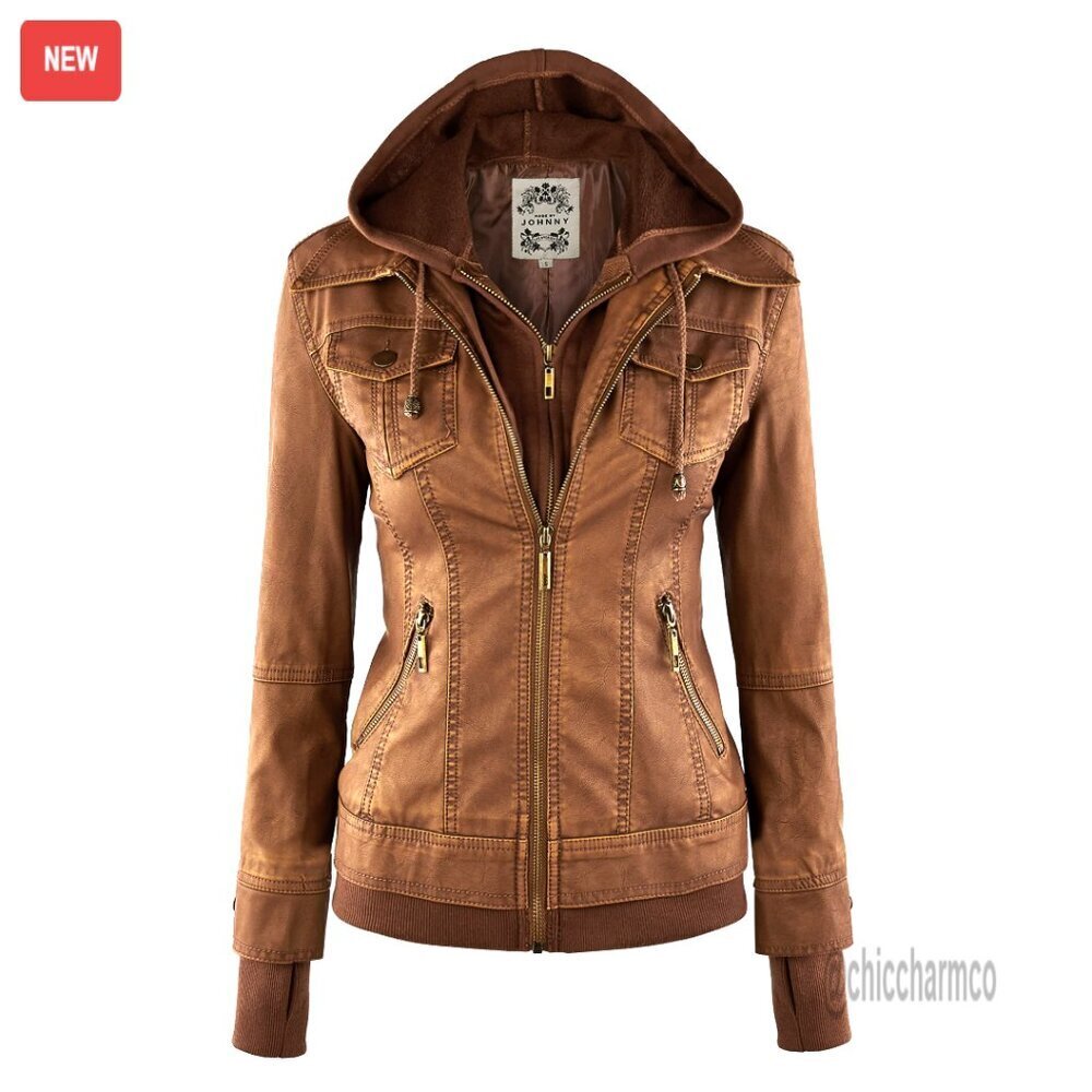 Faux Leather Motorcycle Jacket with Removable Hood, Women's Biker Coat